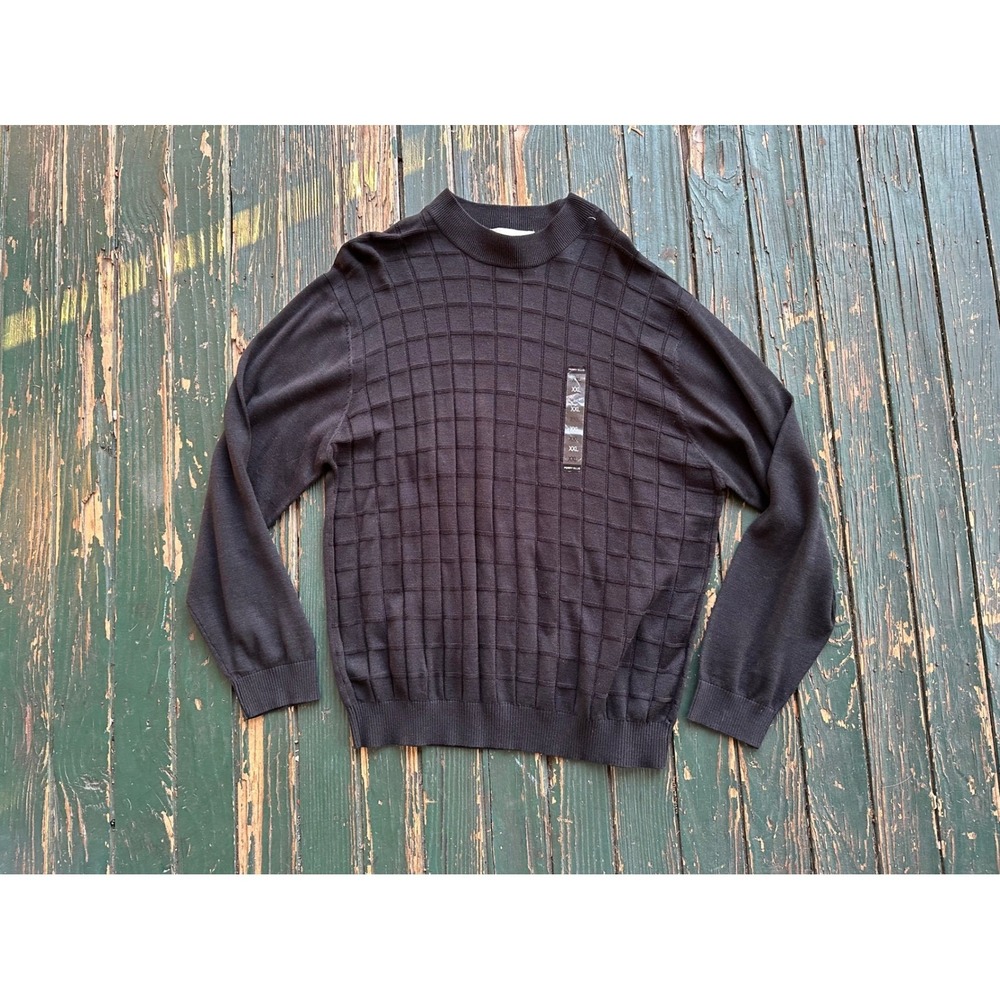 Perry Ellis Mens Knit Sweater Black Grid Pattern Mock Neck Long Sleeve Size XXL
